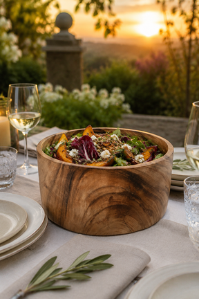 Large Natural Wood Salad & Serving Bowl – 25cm filled with a colourful salad, set on a dining table outdoors at sunset with plates, wine glasses, and a garden background.