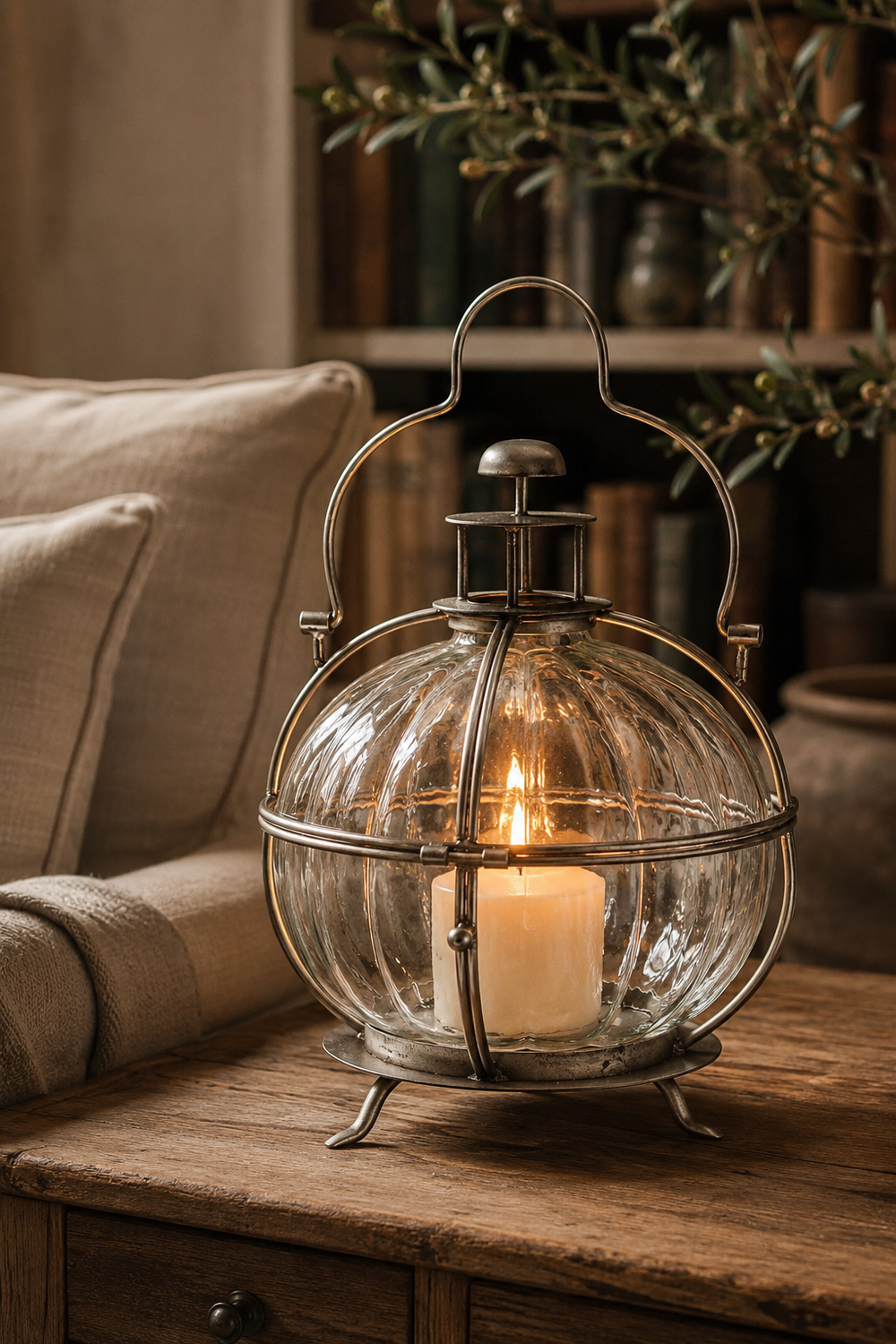 A vintage-style lantern with a ribbed clear glass globe body and an antique bronze metal frame, holding a lit white pillar candle. The lantern is styled on a rustic wooden table next to a beige sofa with a blurred bookshelf background.