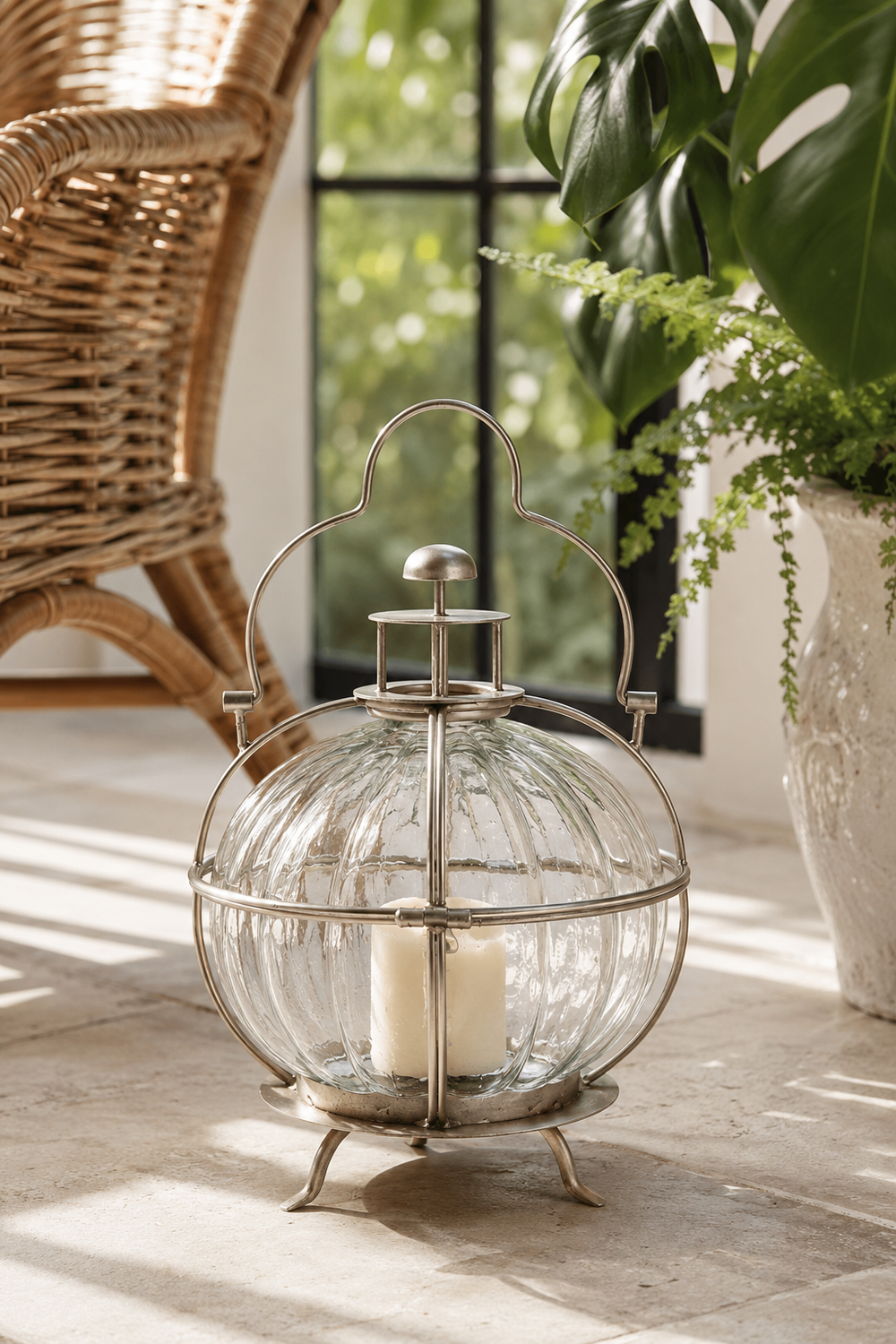 A round glass lantern with a silver metal frame and handle, containing a white pillar candle, set on a stone floor in a sunlit interior with a wicker chair and potted plant in the background.