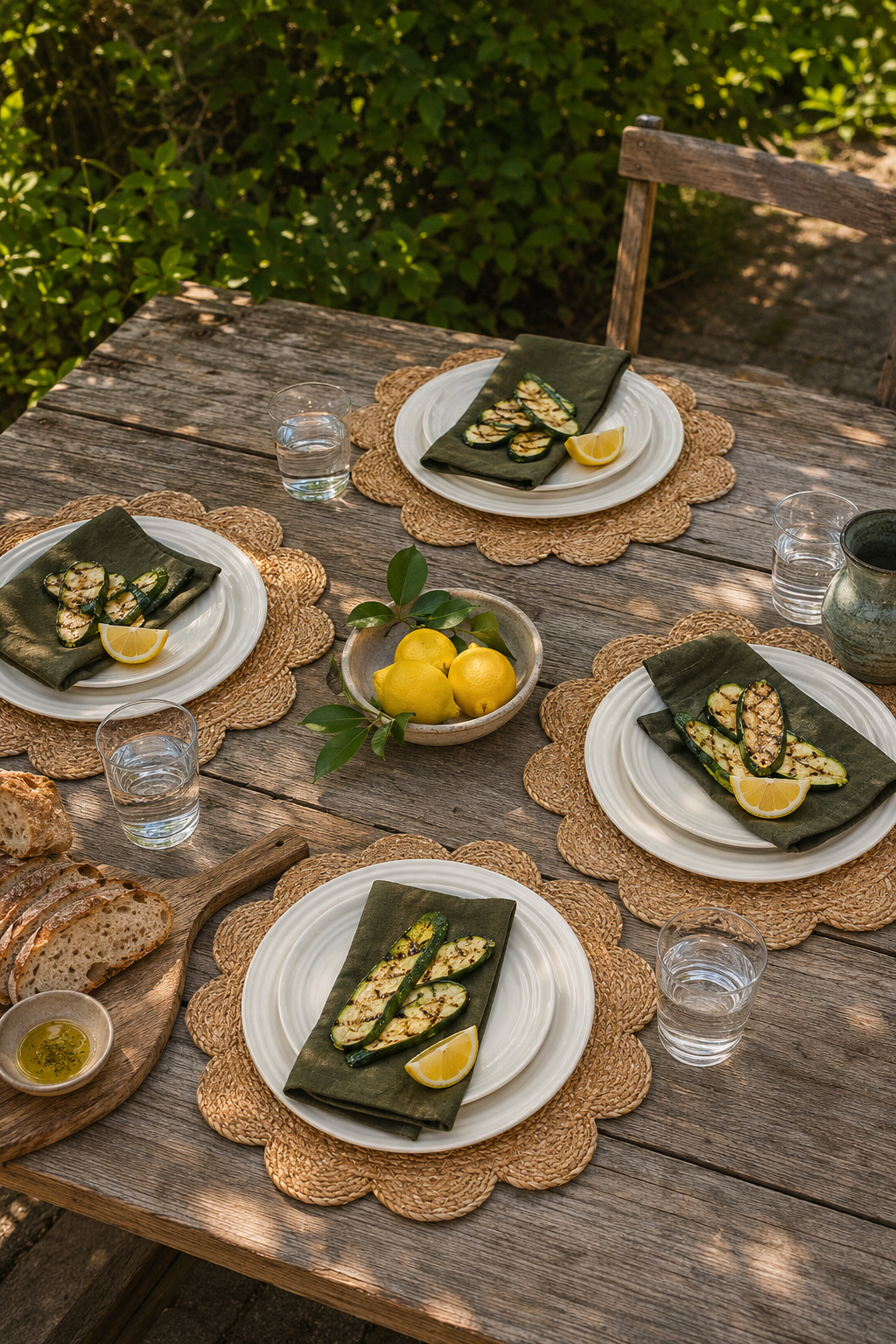 An outdoor dining table set with four place settings featuring white plates, scalloped beige woven placemats, dark green napkins folded to show grilled zucchini, and lemon wedges. A small bowl of lemons and bread sits on the table, with green foliage in the background.