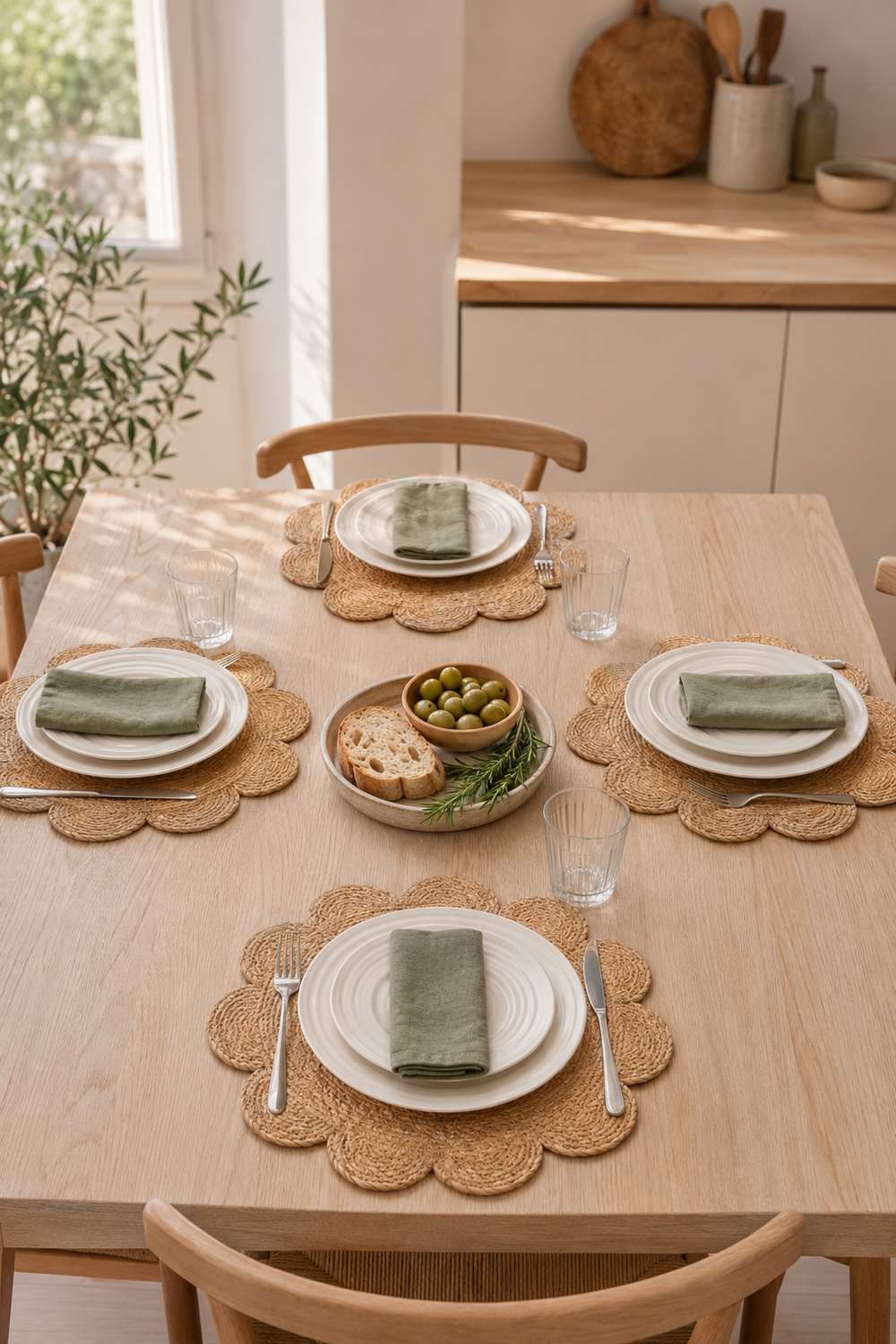 A styled dining table set for four with white plates, folded sage green napkins, scalloped tan woven placemats, a bowl of olives, and a bowl of bread in a bright, modern kitchen setting.