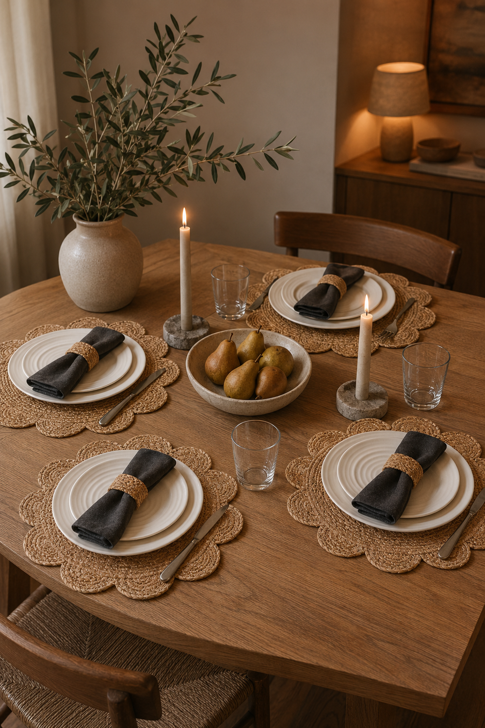 A styled dining table setting in a warm, rustic room. The table is set with white plates, black fabric napkins wrapped in a tan band, round woven placemats, clear drinking glasses, and lit taper candles.