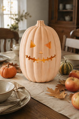 A carved terracotta orange pumpkin centerpiece with a stitched mouth and triangular eyes, placed on a dining table surrounded by autumn leaves, small pumpkins, apples, and tableware in a warm indoor setting.