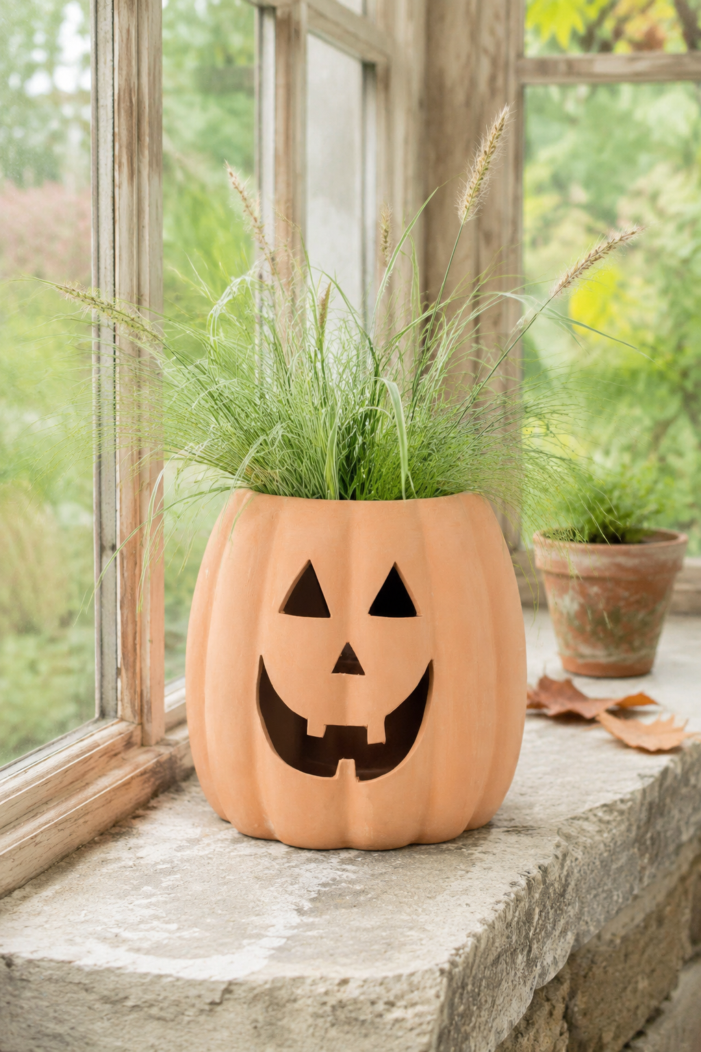A carved pumpkin-shaped planter with a jack-o'-lantern face, filled with ornamental grass, sitting on a stone windowsill with a blurred outdoor garden background.