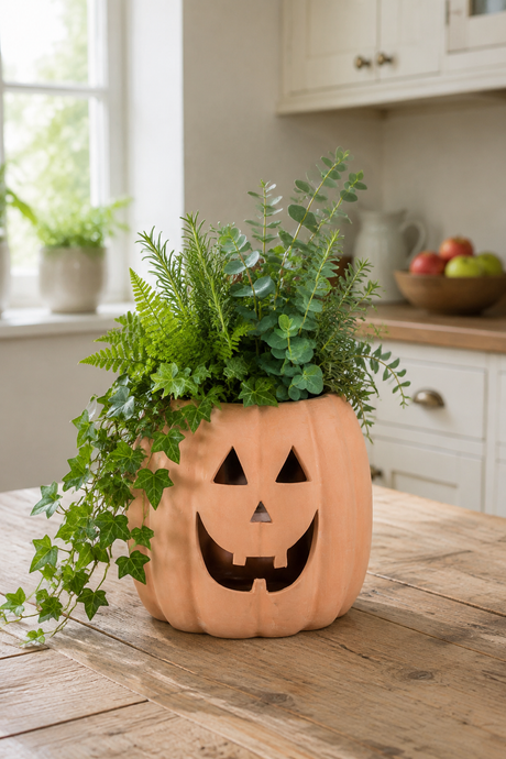 A carved orange jack-o'-lantern planter filled with green ferns and ivy, placed on a rustic wooden table in a bright kitchen setting.