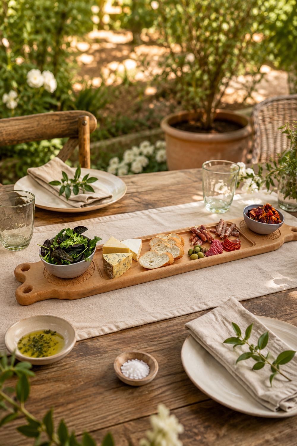Large ash serving board with ceramic pots for bread and nibbles