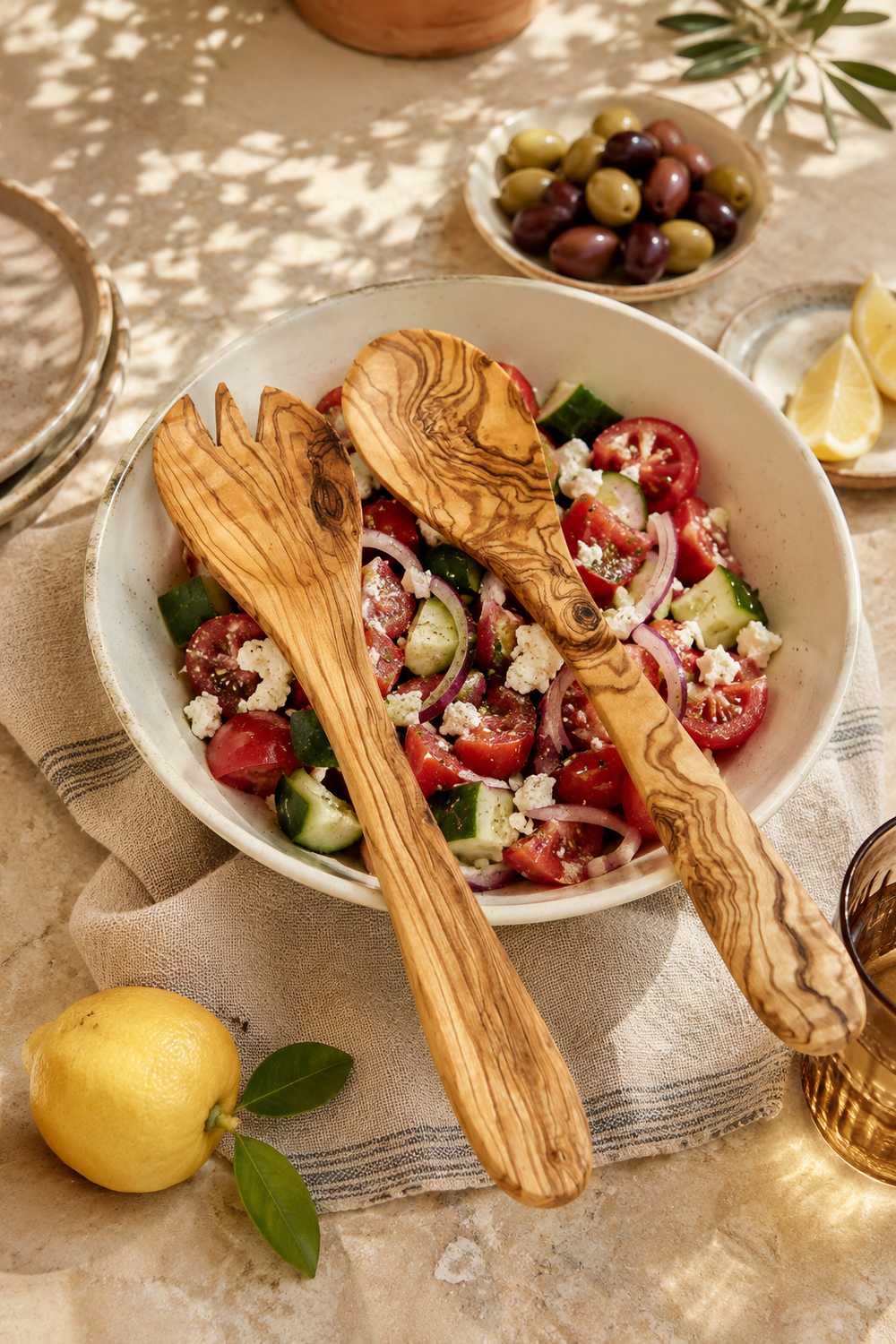 Large olive wood salad servers for serving bowls
