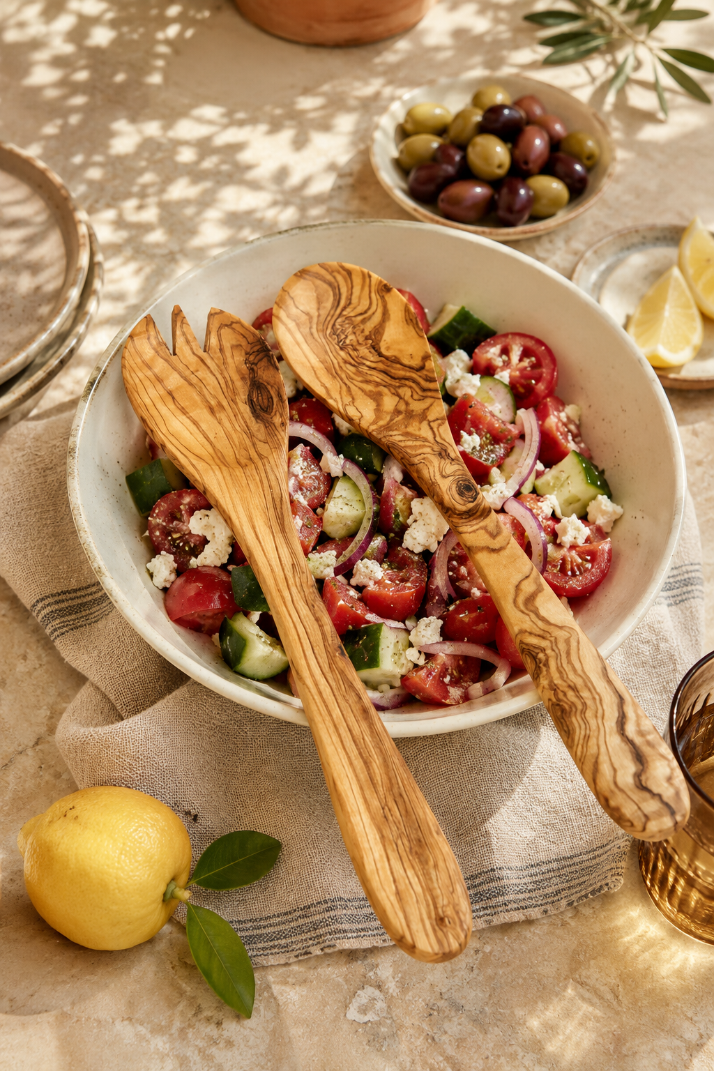 Large olive wood salad servers for serving bowls
