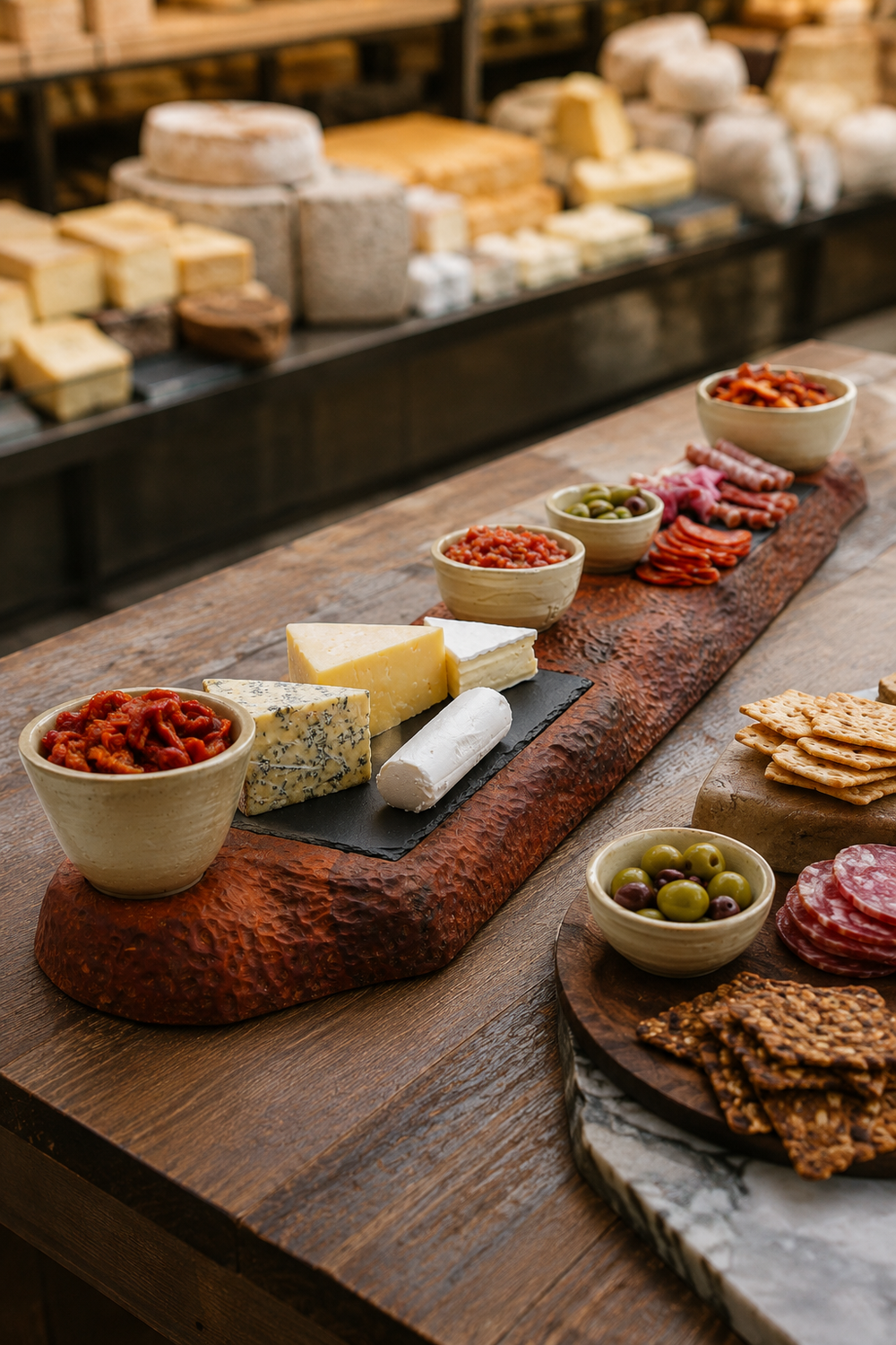 Large wooden deli counter display board with bowls and slate sections