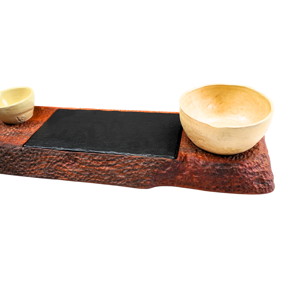 Rock-textured wooden grazing board for cheese charcuterie and antipasti