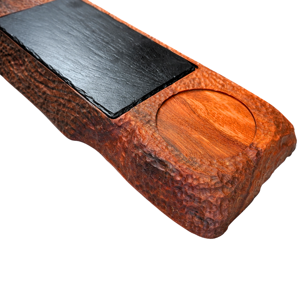 Large wooden deli counter display board with bowls and slate sections
