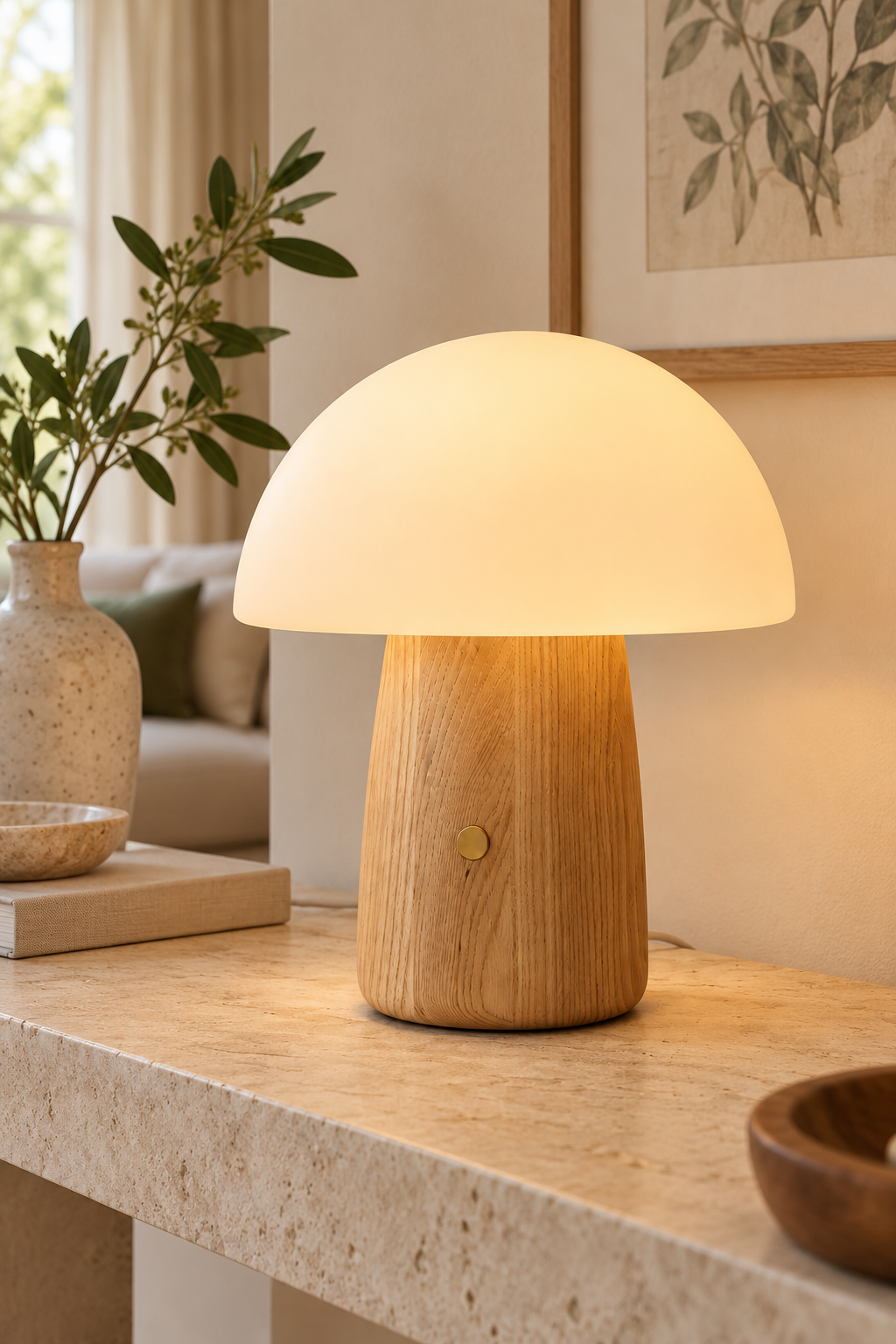 Large white ash Alice Mushroom Lamp glowing warm white on a stone console beside a vase of leafy stems.