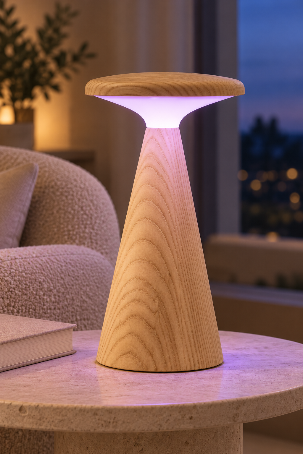 A modern wooden table lamp with a tapered base and a wide mushroom-shaped top, glowing with soft purple light, set on a stone table in a cozy living room.