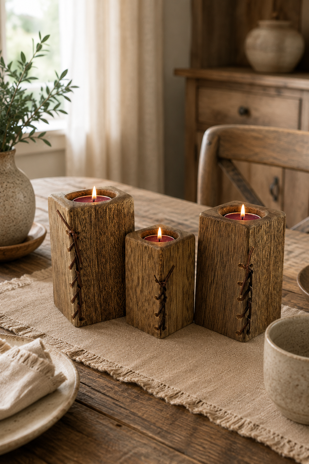 Leather-laced wooden pillar tealight holders set of 3