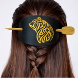 Black hair tie with gold bear design worn in various hairstyles on a white background