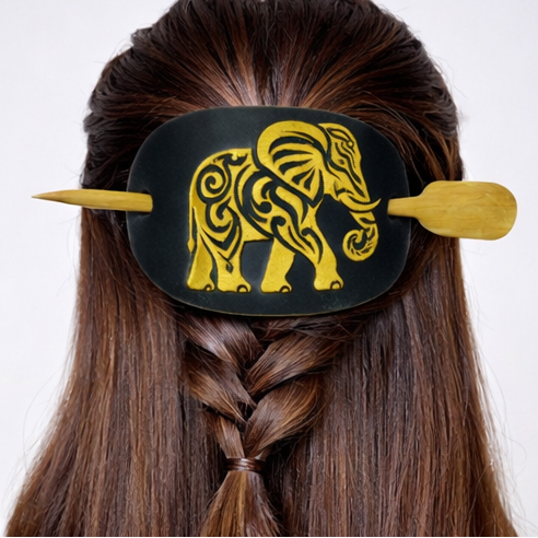 Leather Hair Barrette Gold Elephant Engraved