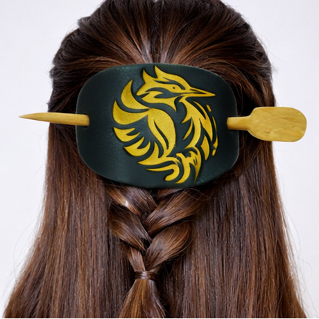 Leather Hair Barrette Gold Kingfisher Engraved
