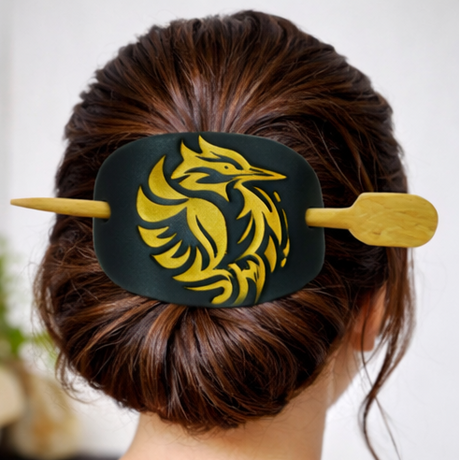 Leather Hair Barrette Gold Kingfisher Engraved