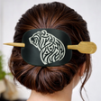 Leather Hair Barrette Silver Bear Engraved