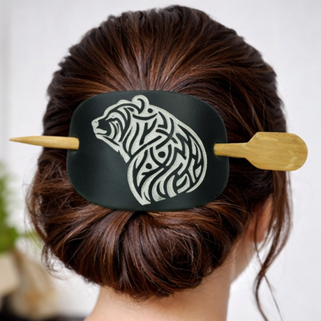 Leather Hair Barrette Silver Bear Engraved