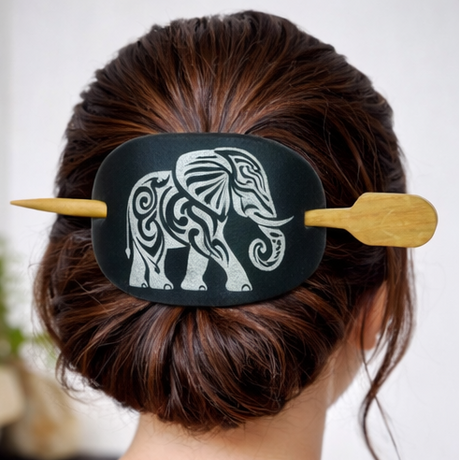 Hair accessories with elephant design on hair bun and various hairstyles