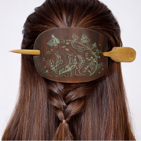 Leather Hair Barrette Silver Fox in Nature Engraved