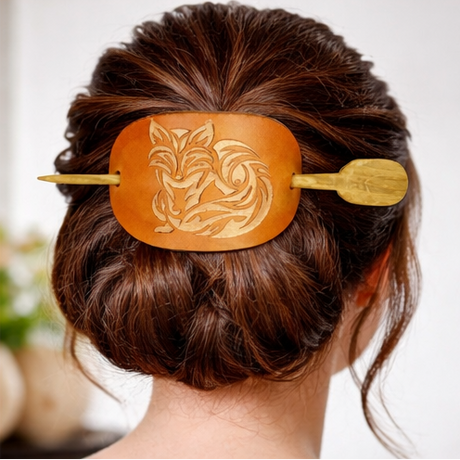 Leather Hair Barrette Bronze Fox Engraved