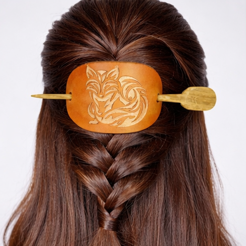 Leather Hair Barrette Bronze Fox Engraved