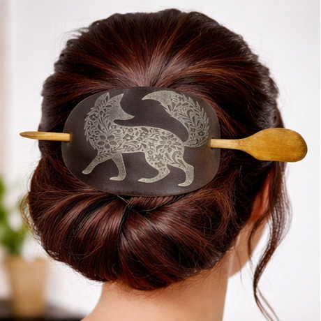 Leather Hair Barrette Hand-Painted Fox Design