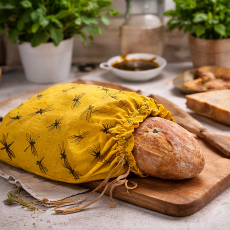 Linen Bread Bag Dragonfly Hand Printed design 