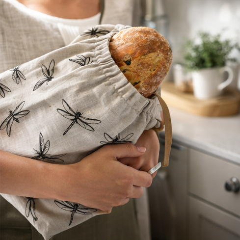 Fabric bread bags with dragonfly pattern used for storing bread in a kitchen setting.