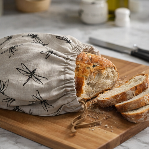 Fabric bread bags with dragonfly pattern used for storing bread in a kitchen setting.