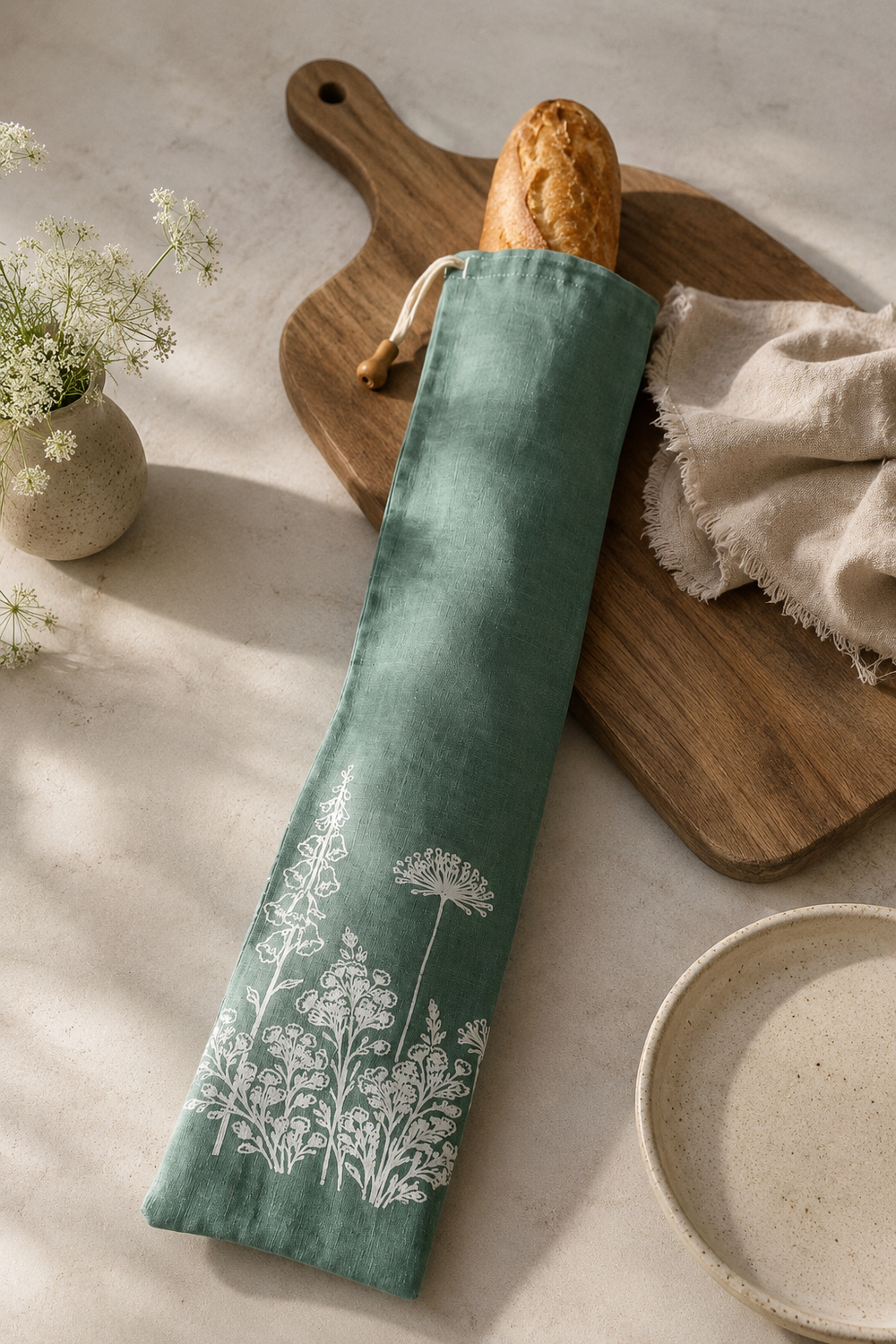 duck egg Green linen bread bag with white floral design on a wooden cutting board with bread and a cloth.