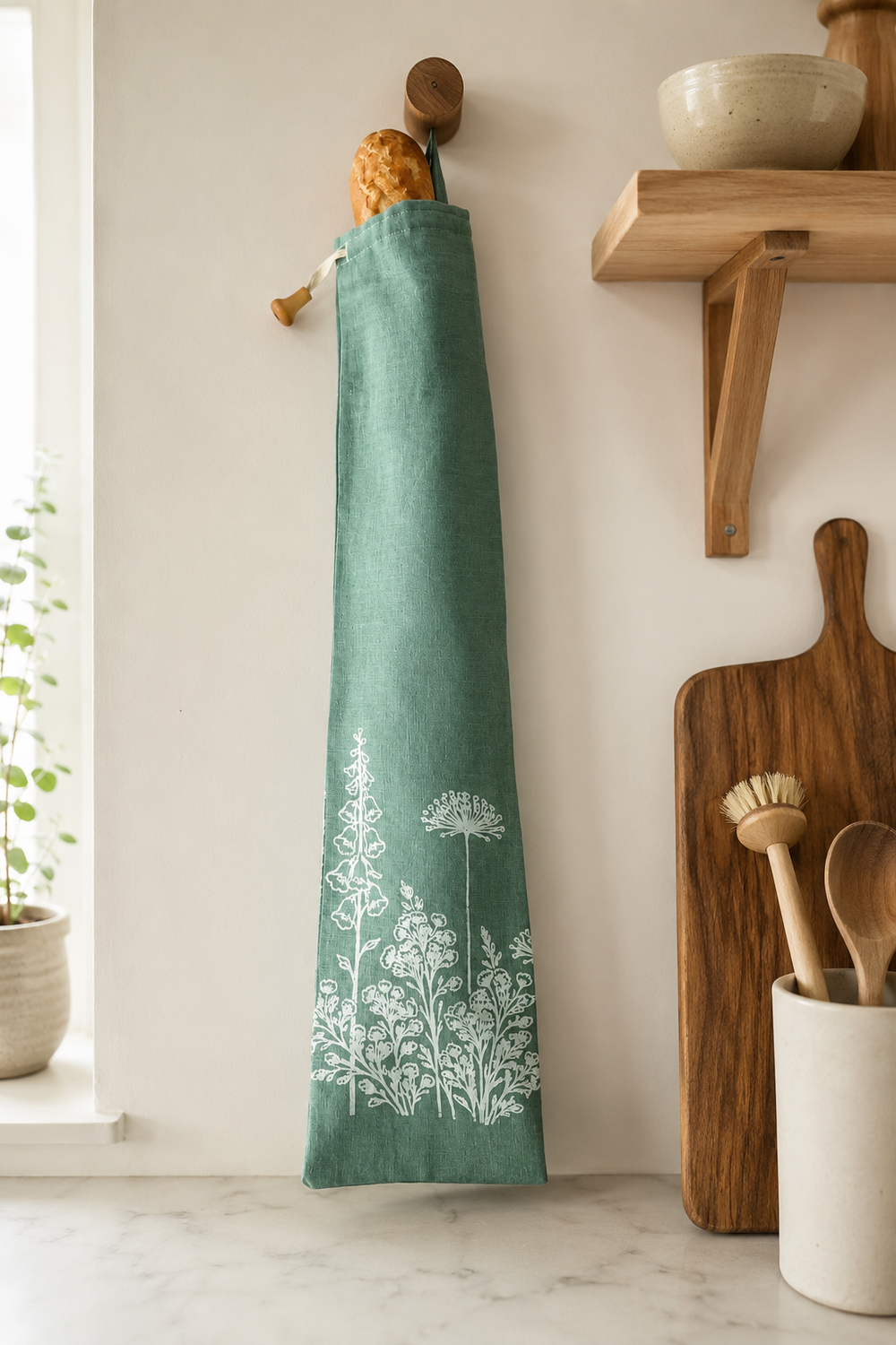 Linen Baguette Bag – Duck Egg Green Florilegium French Stick Bread Bag
