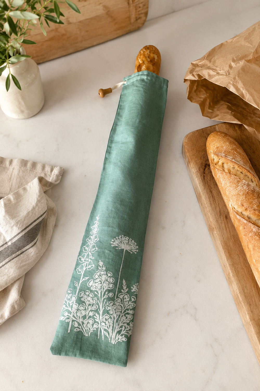 Linen Baguette Bag – Duck Egg Green Florilegium French Stick Bread Bag