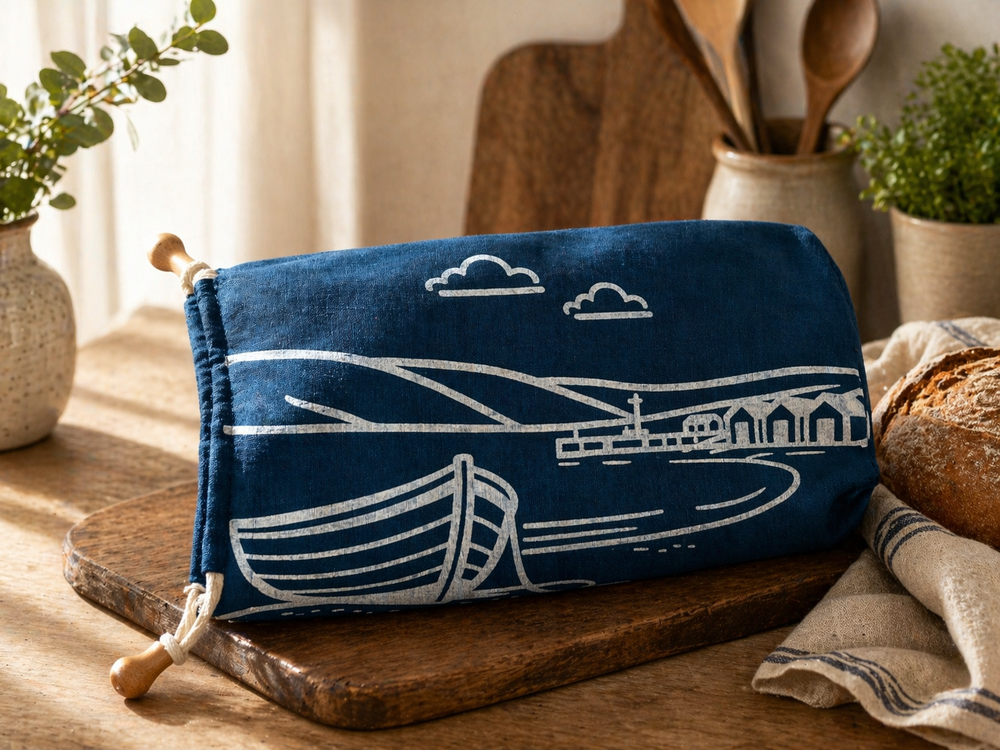 Linen Bread Bag – Fjære coastal Design Navy Blue Bread Storage Bag