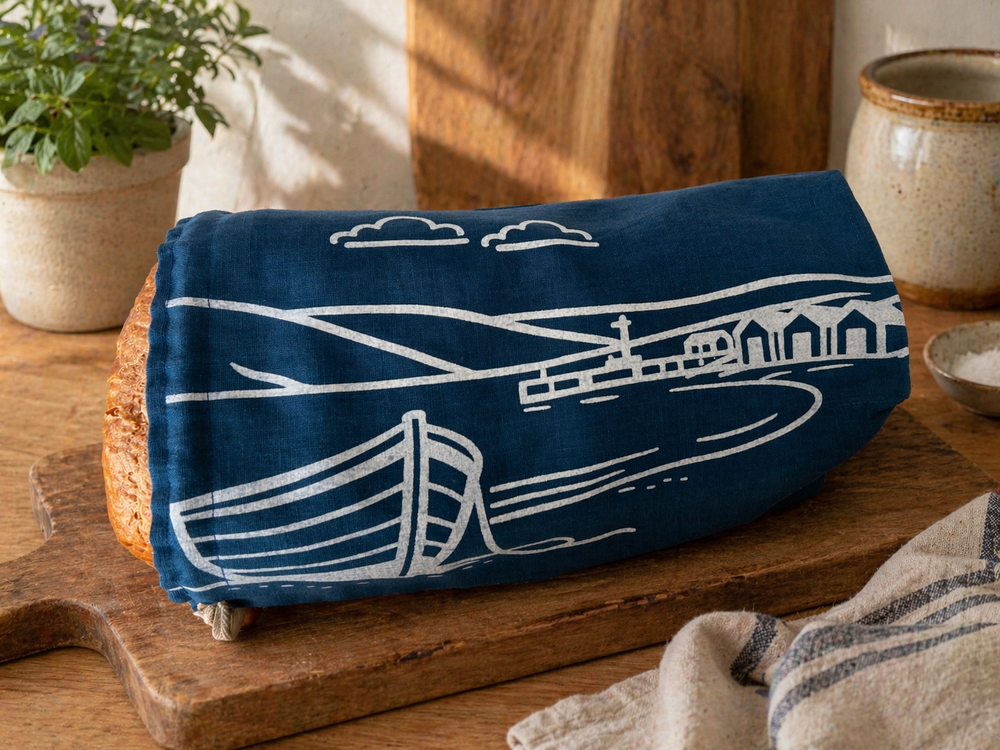 Linen Bread Bag – Fjære Design Navy Blue Bread Storage Bag on wooden board