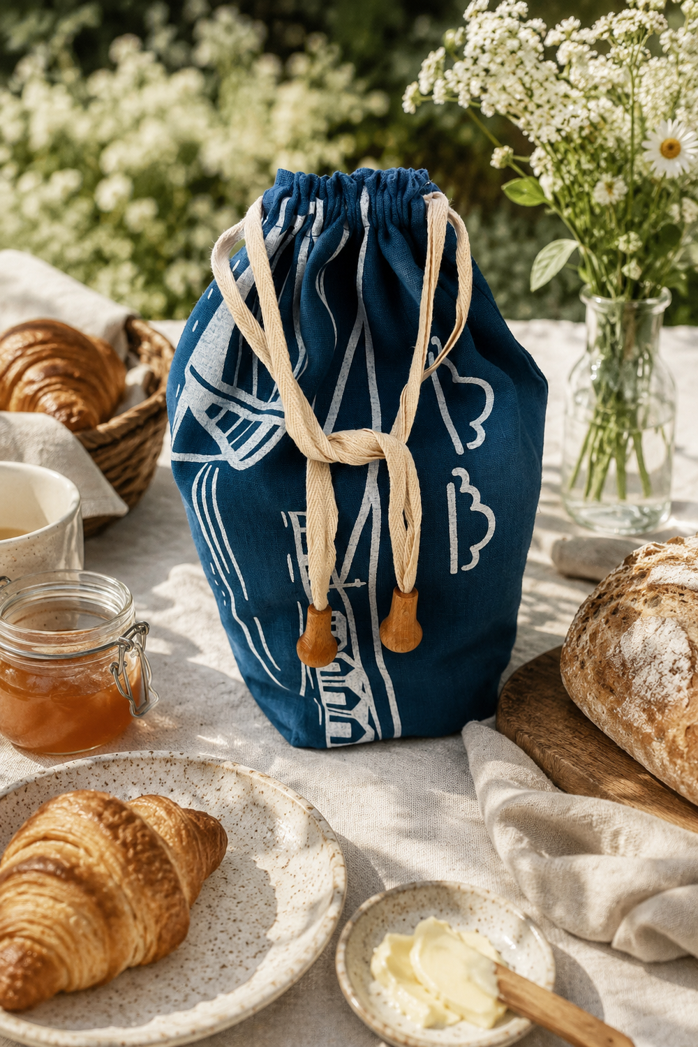 Linen Bread Bag – Fjære Design Navy Blue Bread Storage Bag