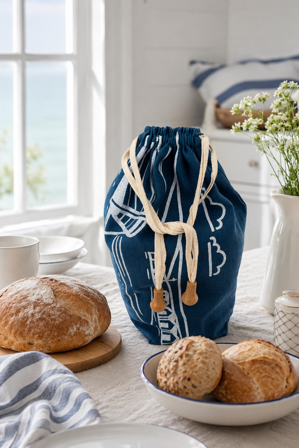 Linen Bread Bag – Fjære Design Navy Blue Bread Storage Bag