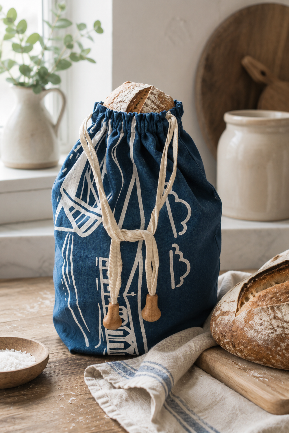 Linen Bread Bag – Fjære Design Navy Blue Bread Storage Bag