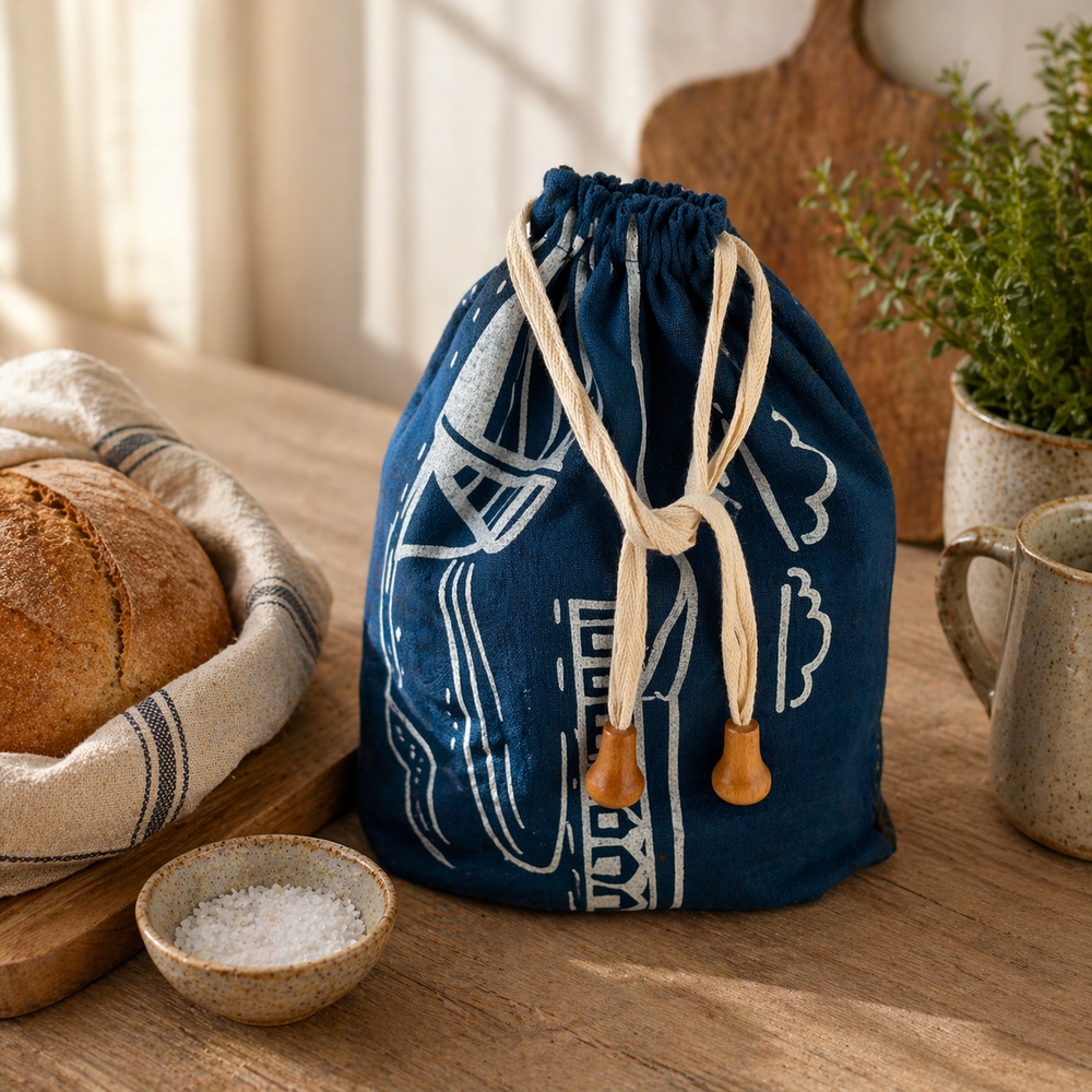 Linen Bread Bag – Fjære coastal Design  Blue Bread  Bag