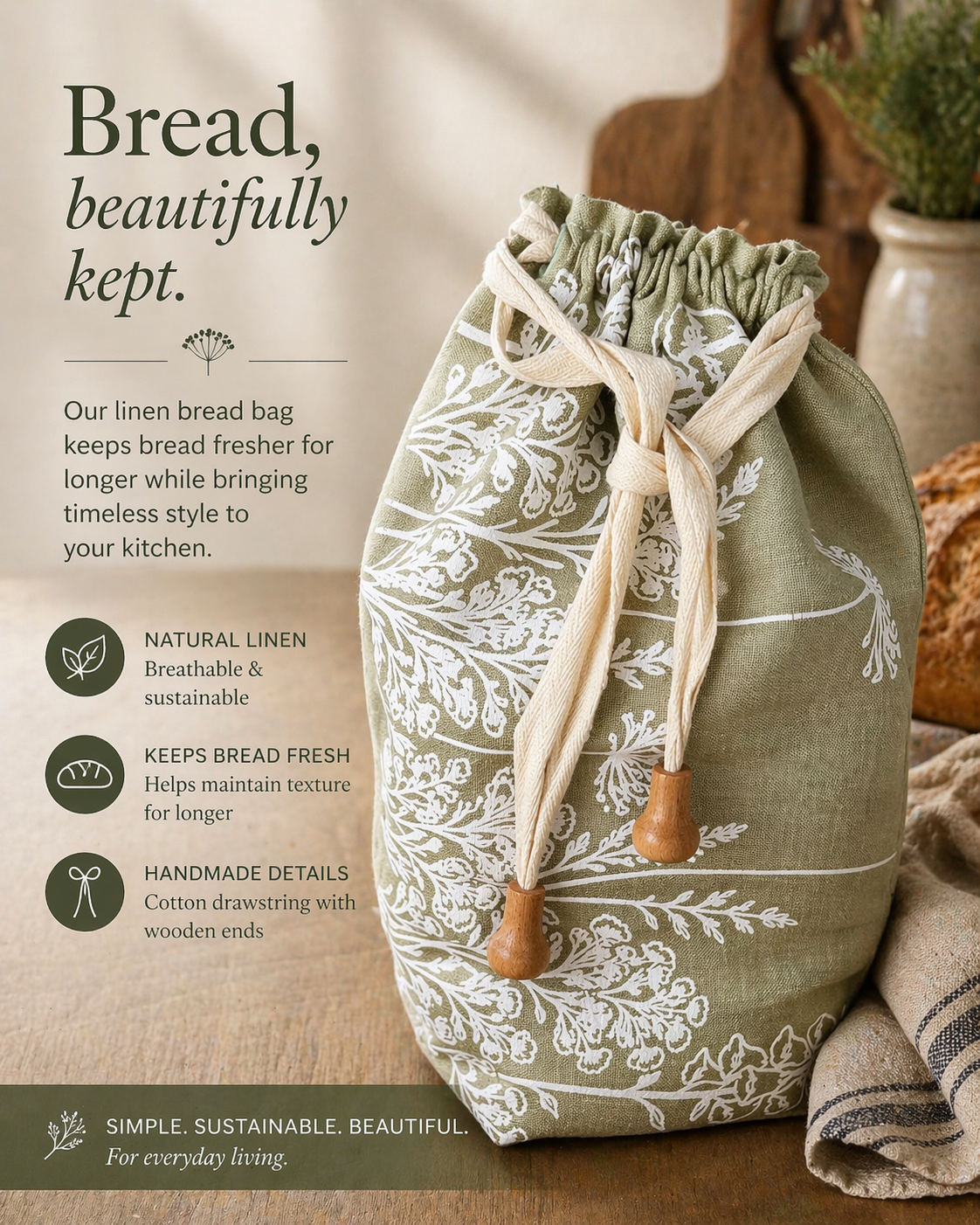 Linen bread bag with floral pattern and wooden drawstring on a kitchen background