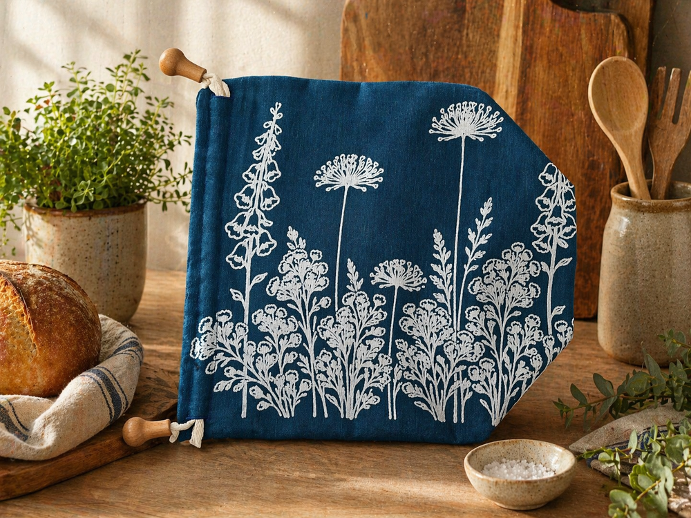 Linen Bread Bag – Florilegium floral Design Navy Bread Storage Bag