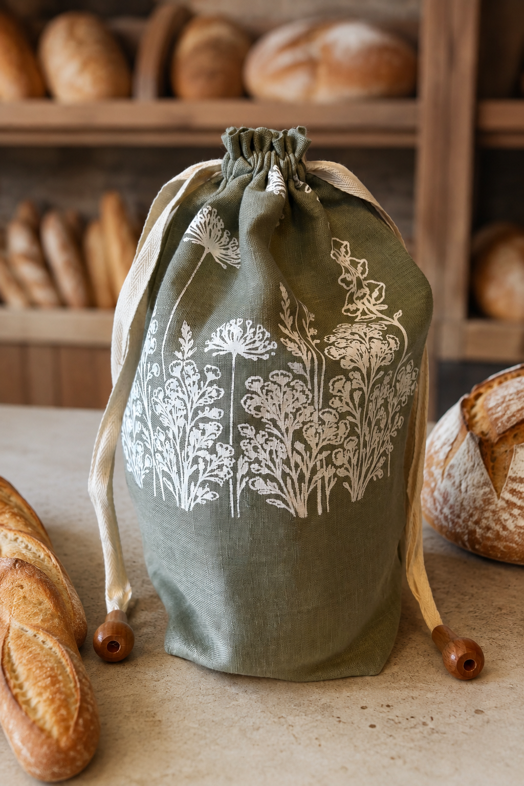A sage green linen drawstring bread bag with white botanical illustrations, styled on a rustic wooden table with fresh bread loaves in the background.