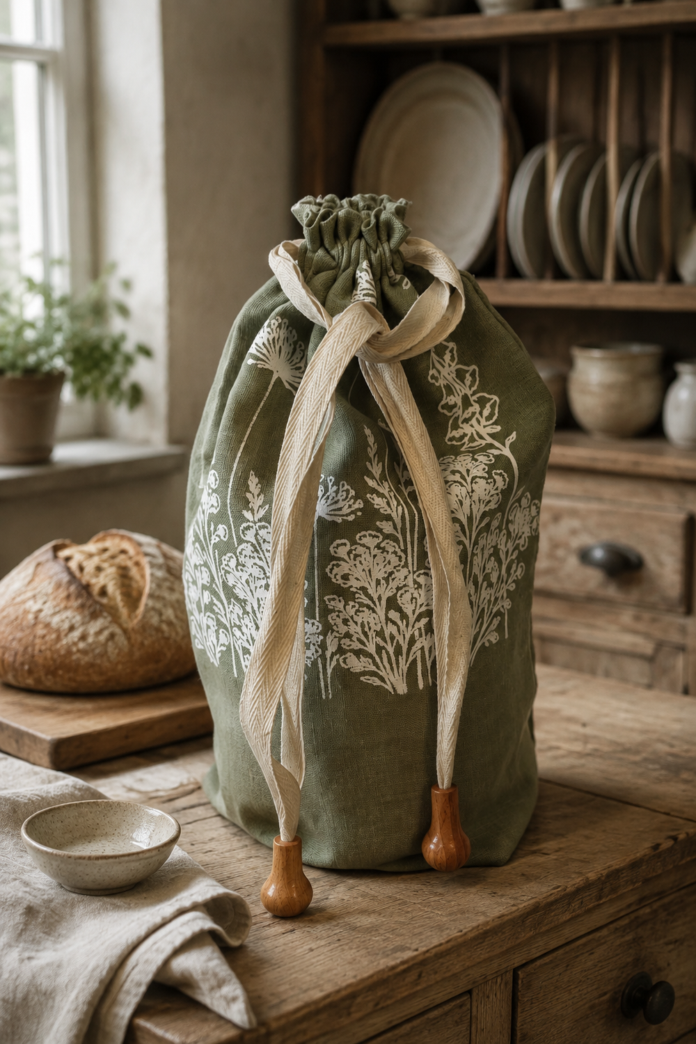 A sage green linen drawstring artisan loaf bread bag with white botanical leaf prints, tied with a beige fabric ribbon and wooden toggle ends, set on a rustic wooden table in a warm, sunlit kitchen environment.