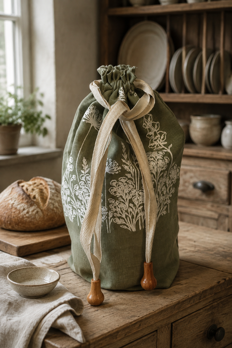 A sage green linen drawstring artisan loaf bread bag with white botanical leaf prints, tied with a beige fabric ribbon and wooden toggle ends, set on a rustic wooden table in a warm, sunlit kitchen environment.