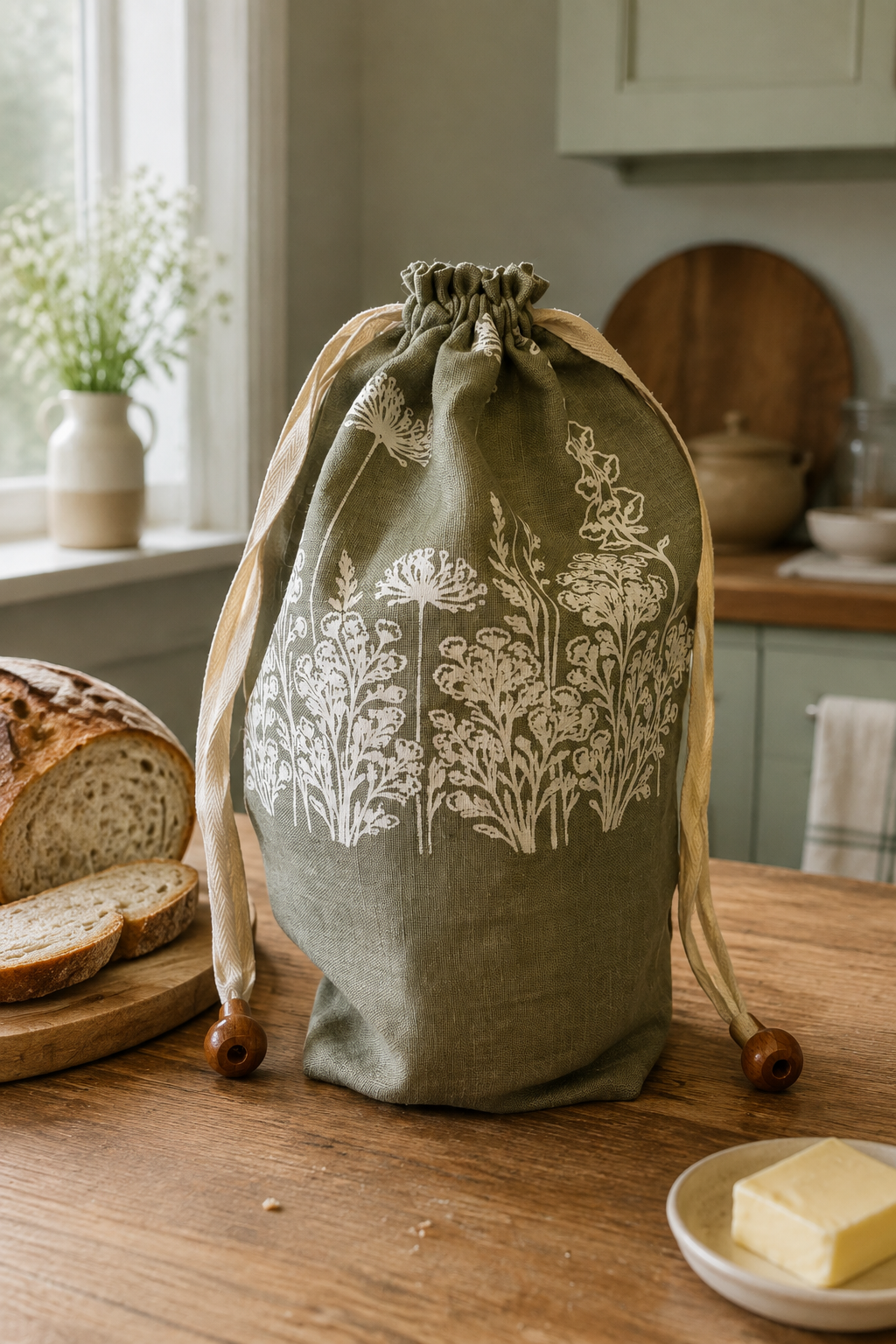 A sage green linen drawstring bread bag with a white floral print, styled on a rustic wooden table next to a loaf of bread and butter in a cozy kitchen setting.