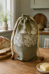 A sage green linen drawstring bread bag with a white floral print, styled on a rustic wooden table next to a loaf of bread and butter in a cozy kitchen setting.