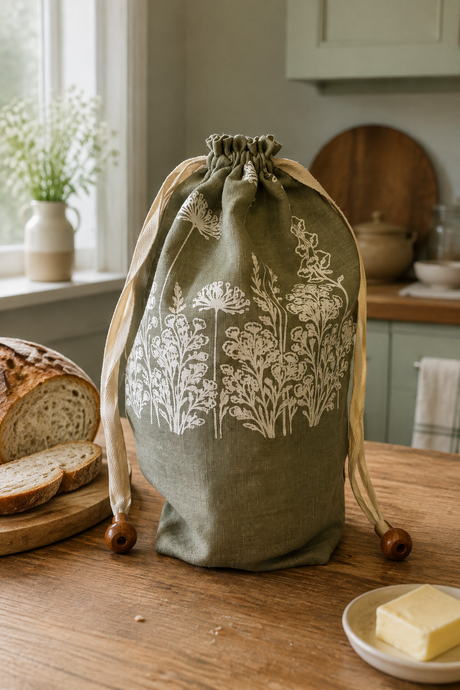 A sage green linen drawstring bread bag with a white floral print, styled on a rustic wooden table next to a loaf of bread and butter in a cozy kitchen setting.
