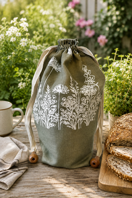 A sage green linen drawstring loaf bread bag with white floral embroidery, displayed on a rustic wooden table in a garden setting with bread and a mug nearby.